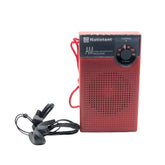 Red portable radio with earbud attachment